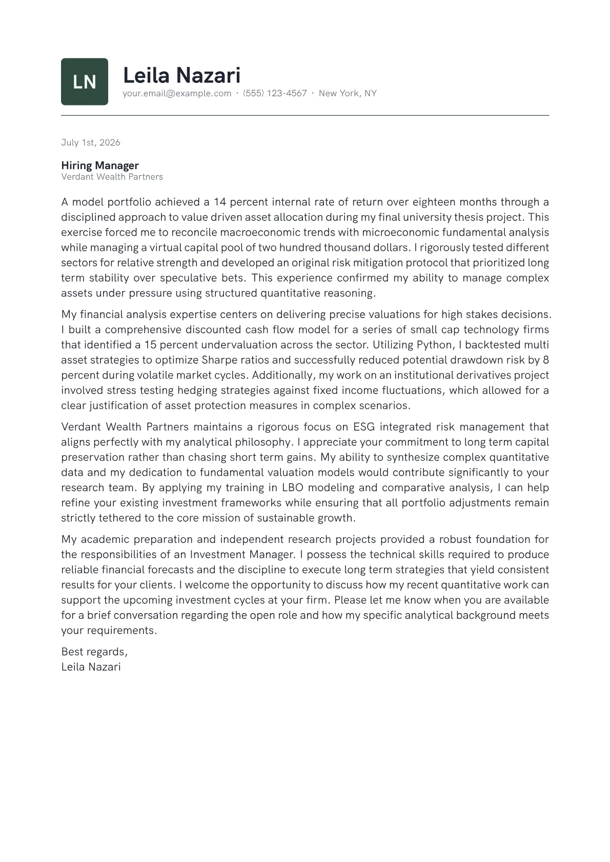 Investment Manager cover letter in the Emblem design