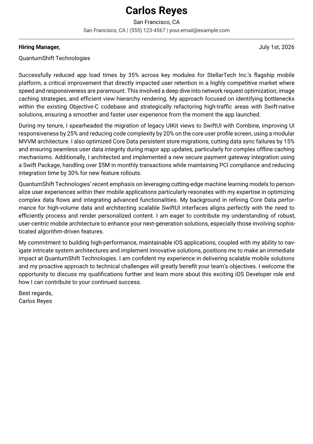 iOS Developer cover letter formatted with a JobSprout template