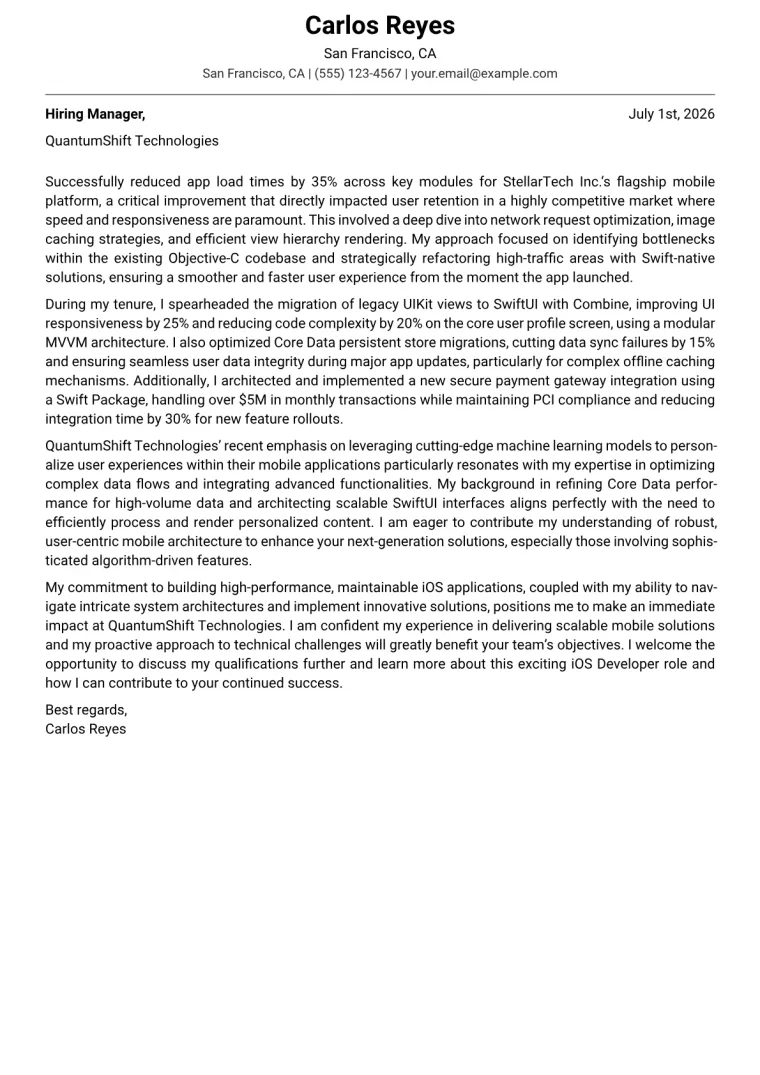 iOS Developer Cover Letter Example