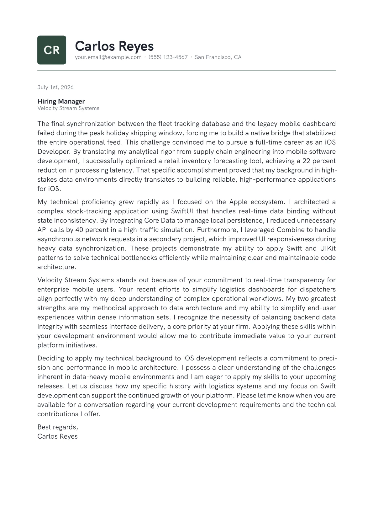 iOS Developer cover letter in the Emblem design