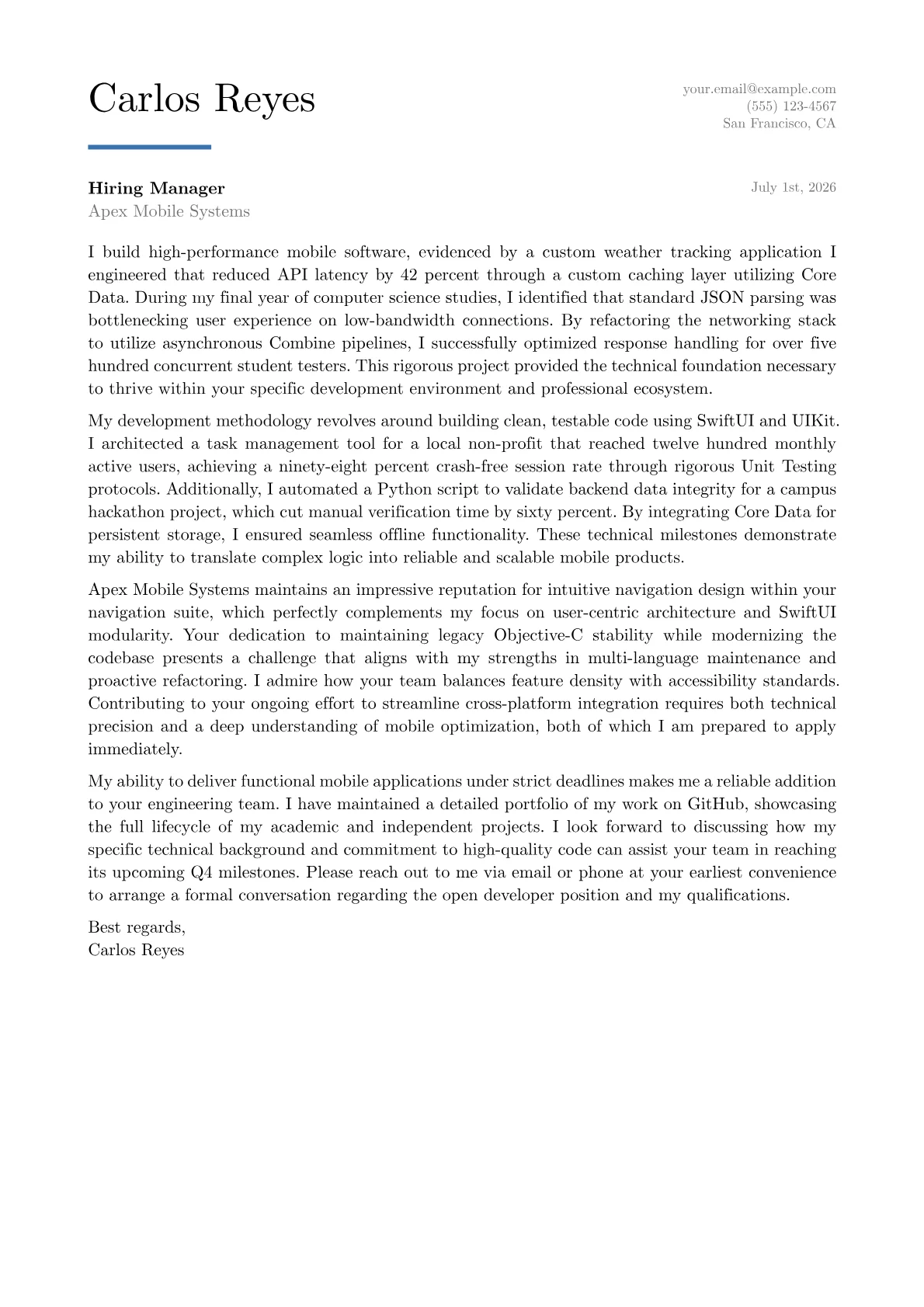 iOS Developer cover letter in the Executive design