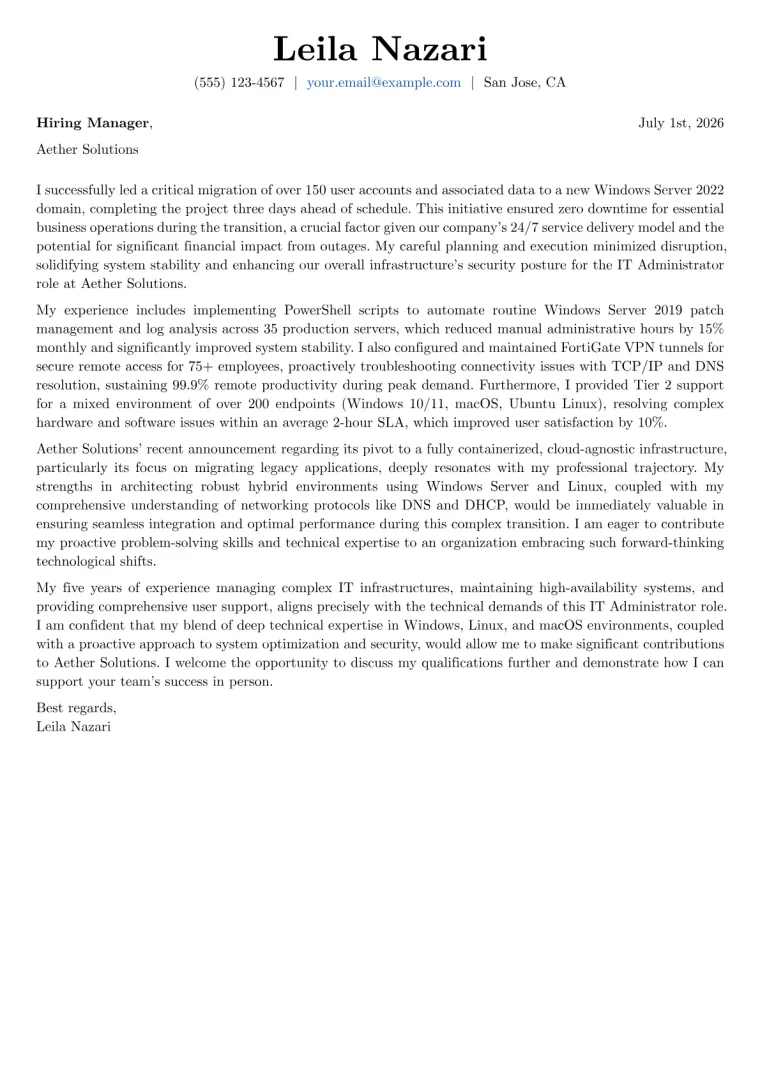 IT Administrator Cover Letter Example