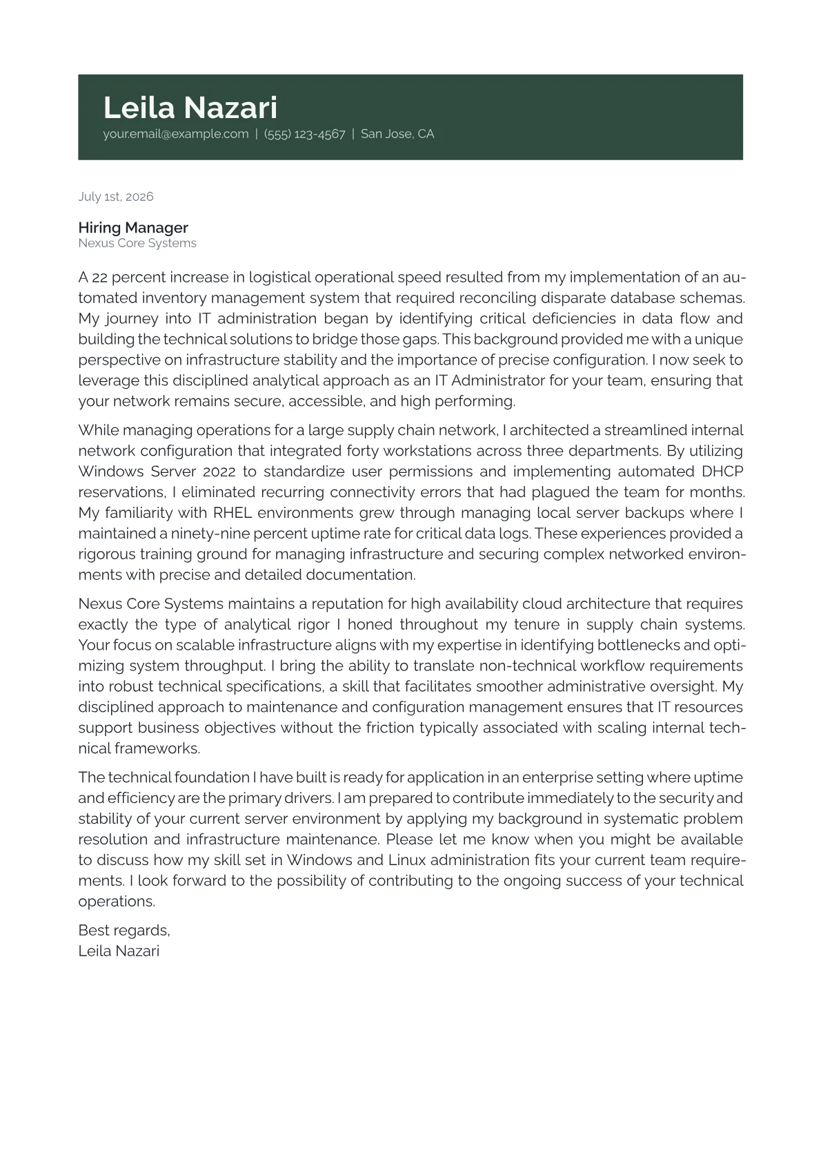 IT Administrator cover letter in the Banner design