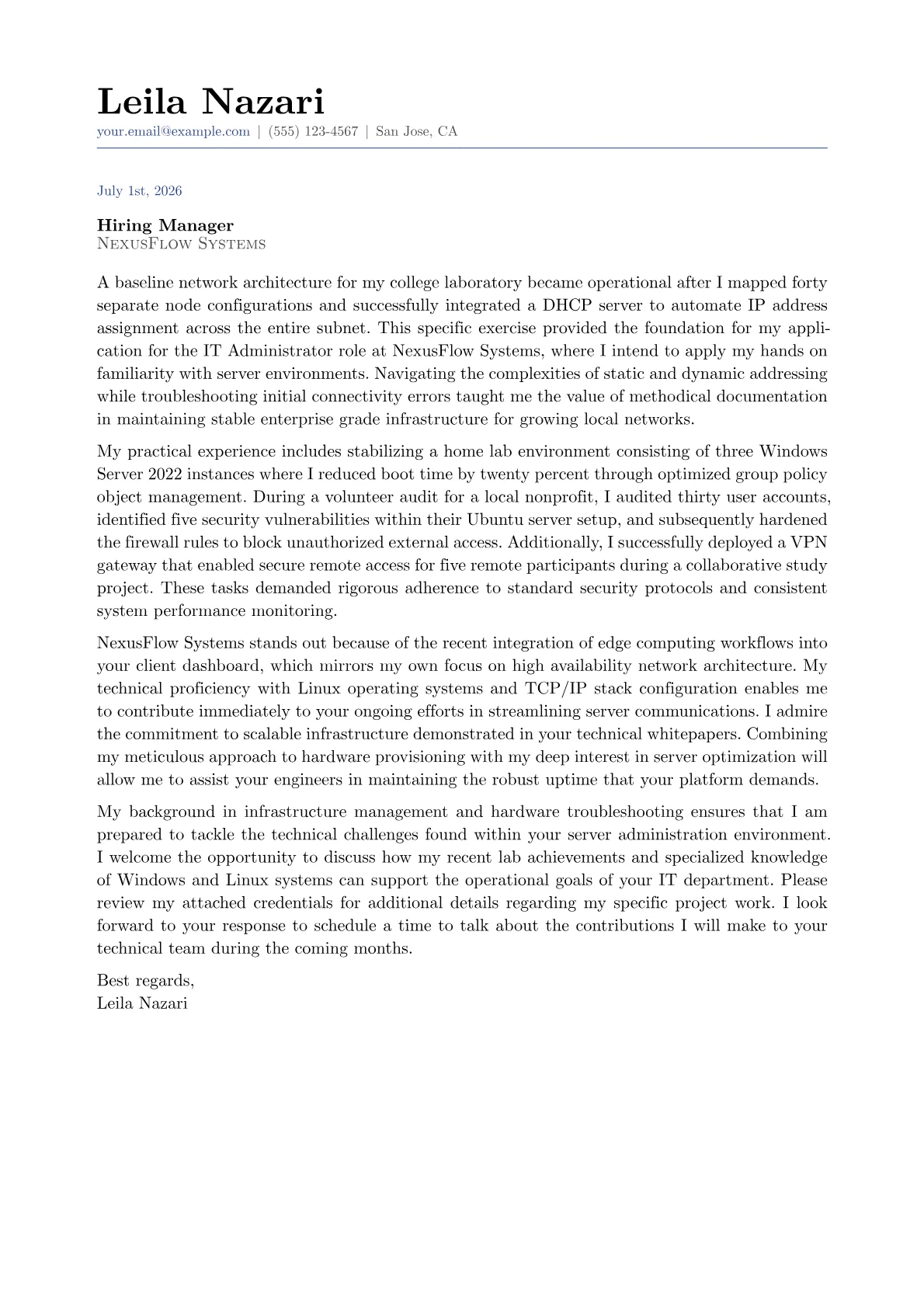 IT Administrator cover letter in the Classic design