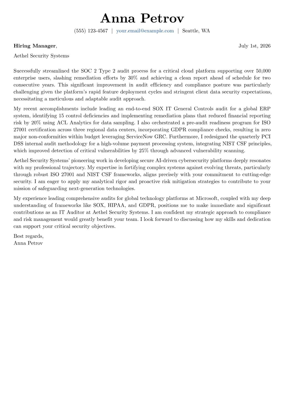 IT Auditor cover letter formatted with a JobSprout template
