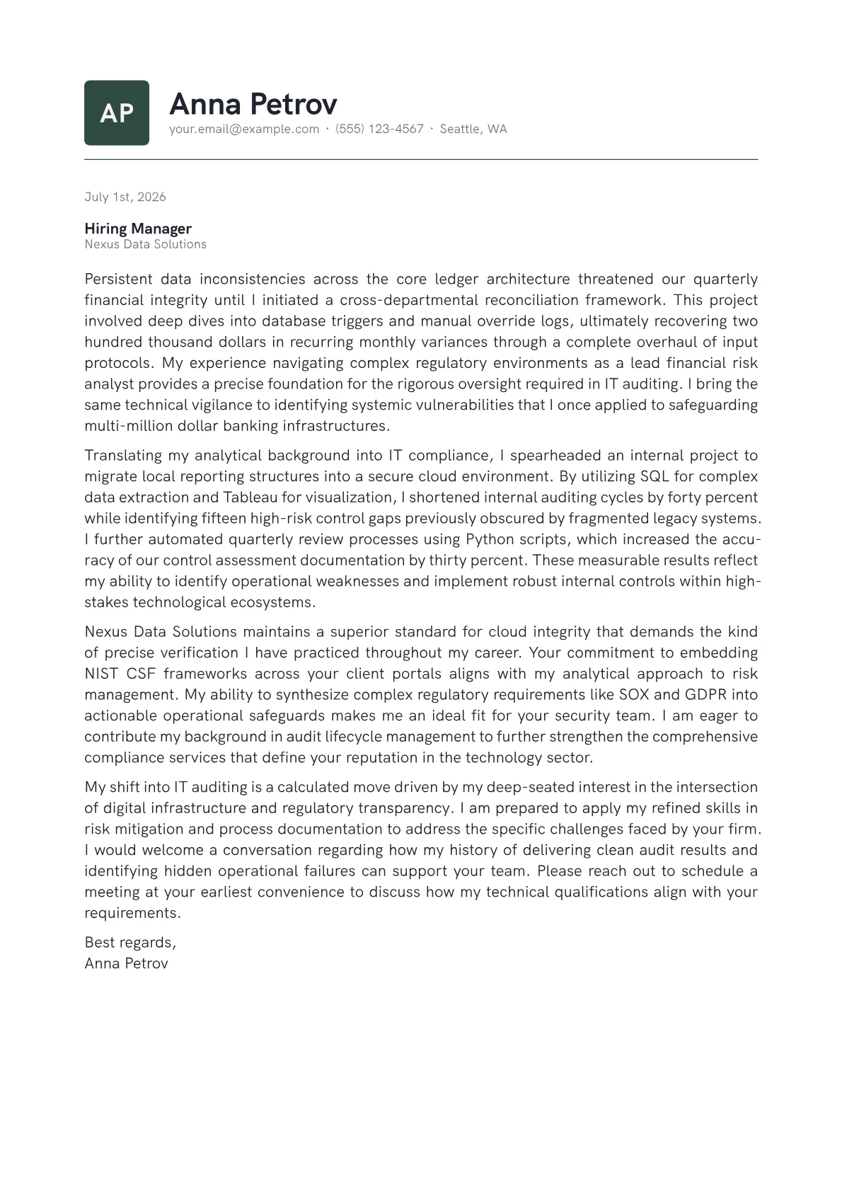 IT Auditor cover letter in the Emblem design