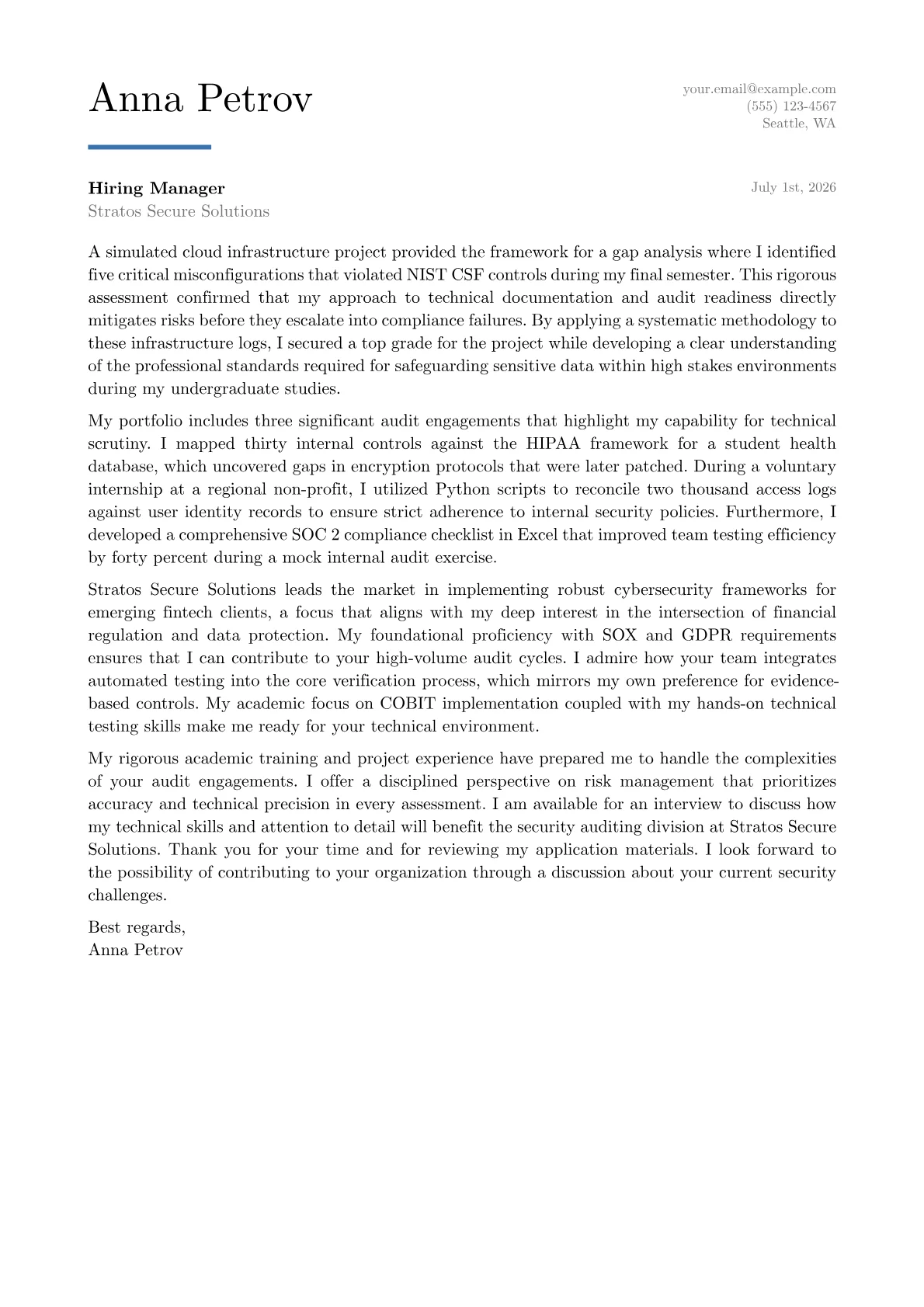 IT Auditor cover letter in the Executive design
