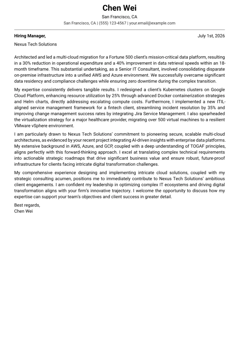 IT Consultant Cover Letter Example