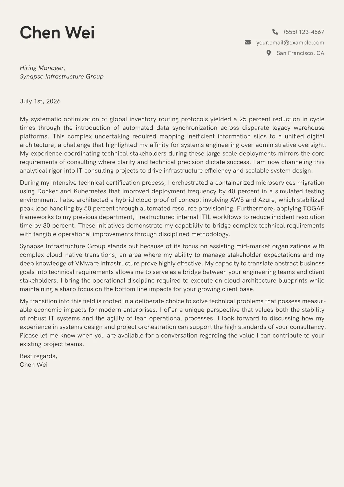 IT Consultant cover letter in the Creative design