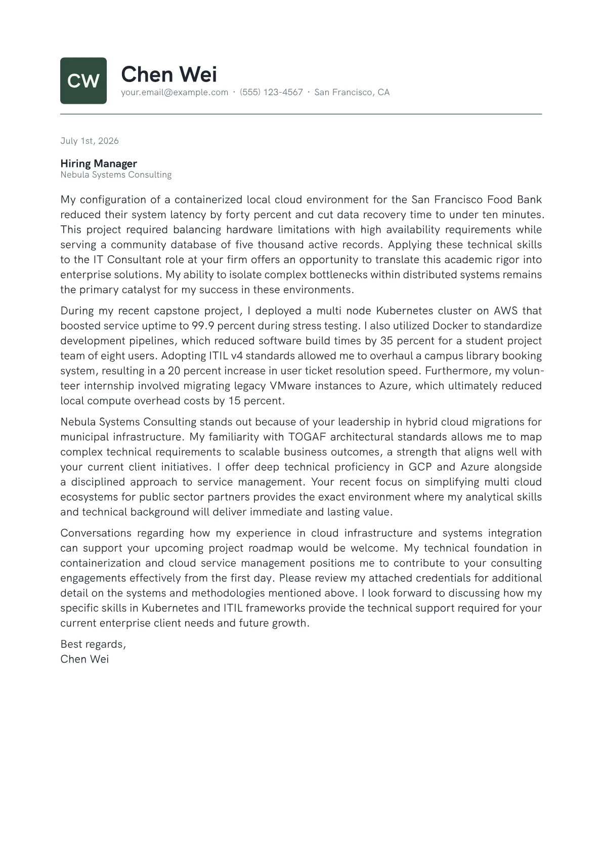 IT Consultant cover letter in the Emblem design