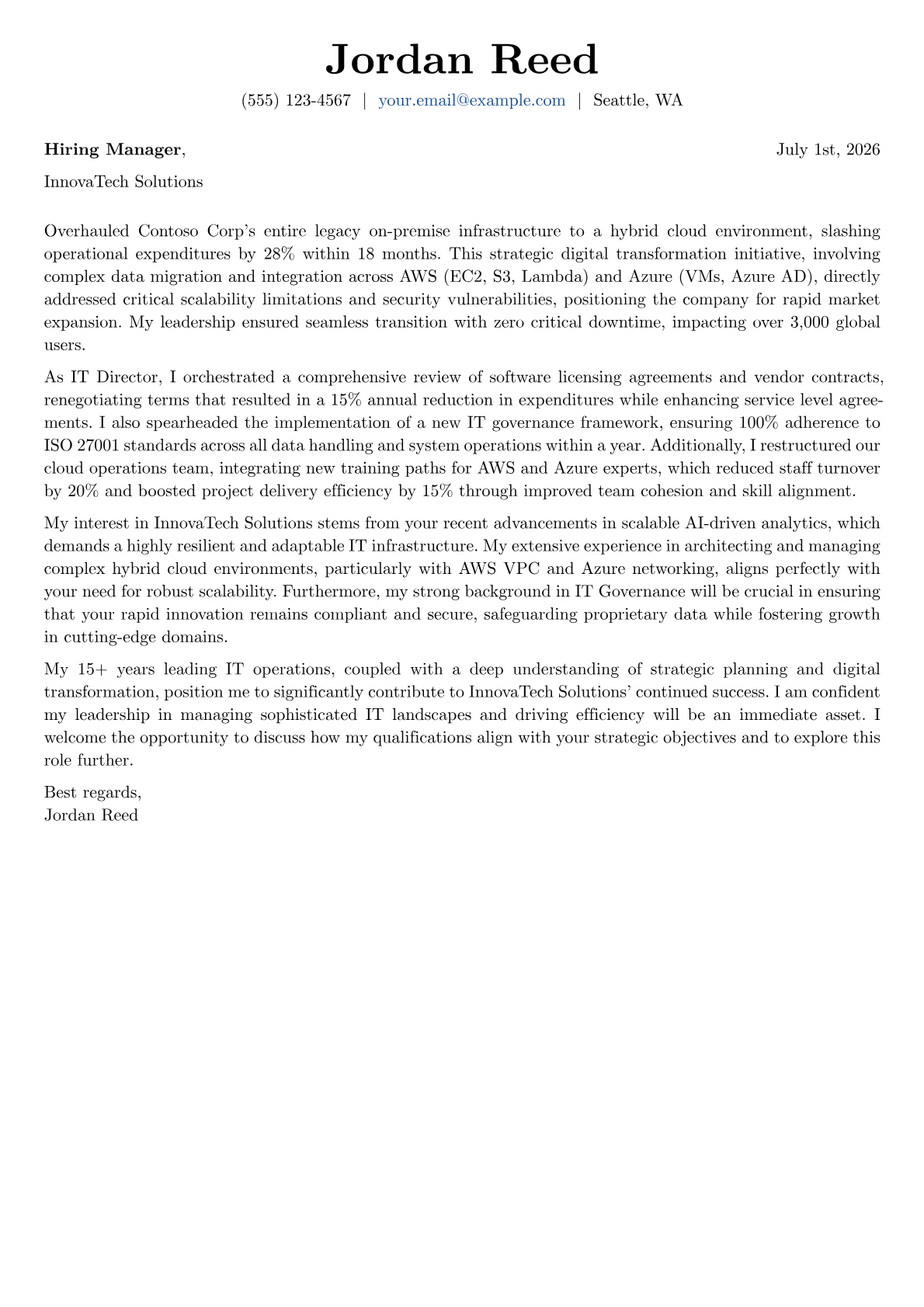 IT Director cover letter formatted with a JobSprout template