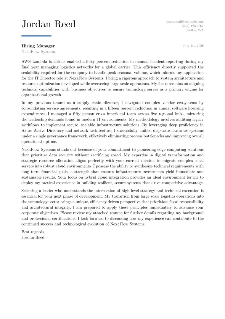 IT Director cover letter for a career changer