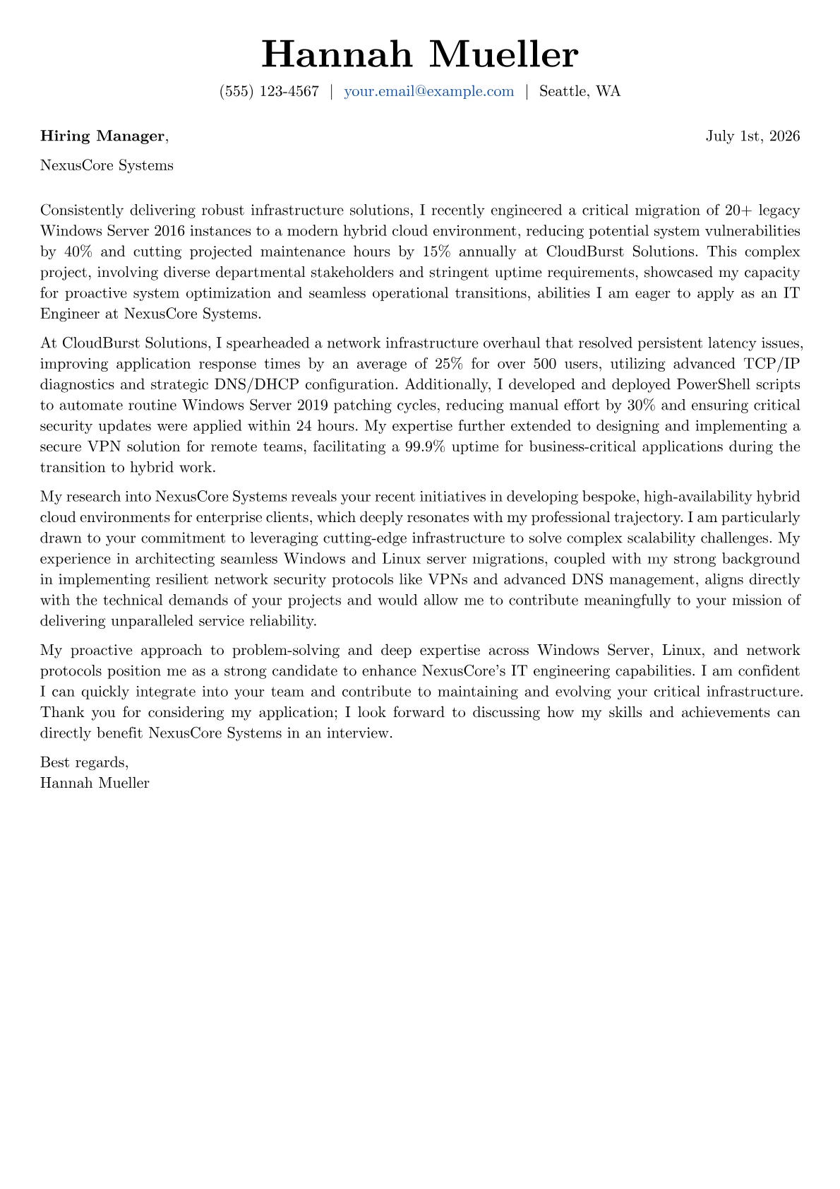 IT Engineer cover letter formatted with a JobSprout template