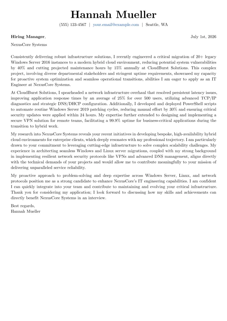 IT Engineer cover letter example preview
