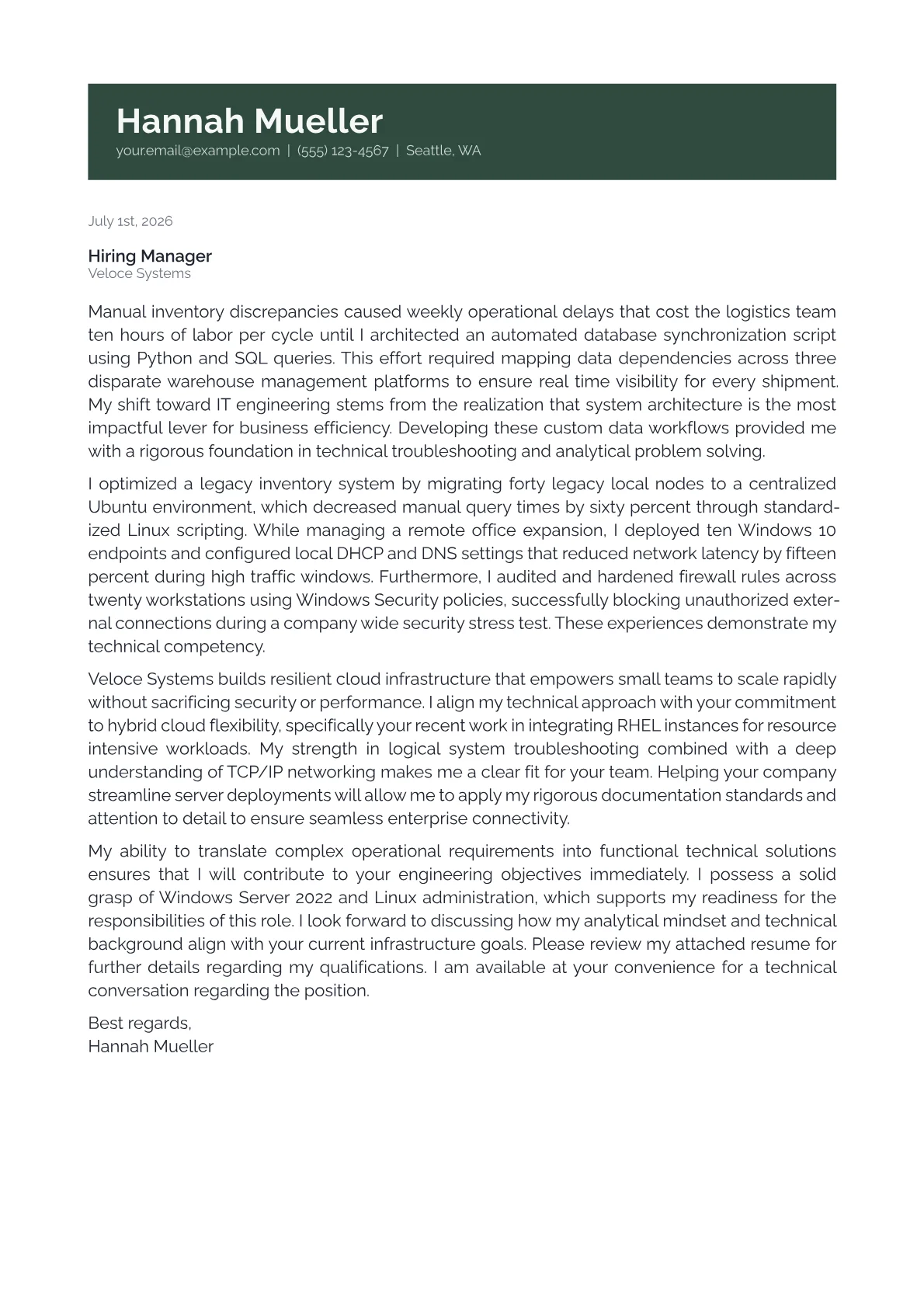 IT Engineer cover letter in the Banner design