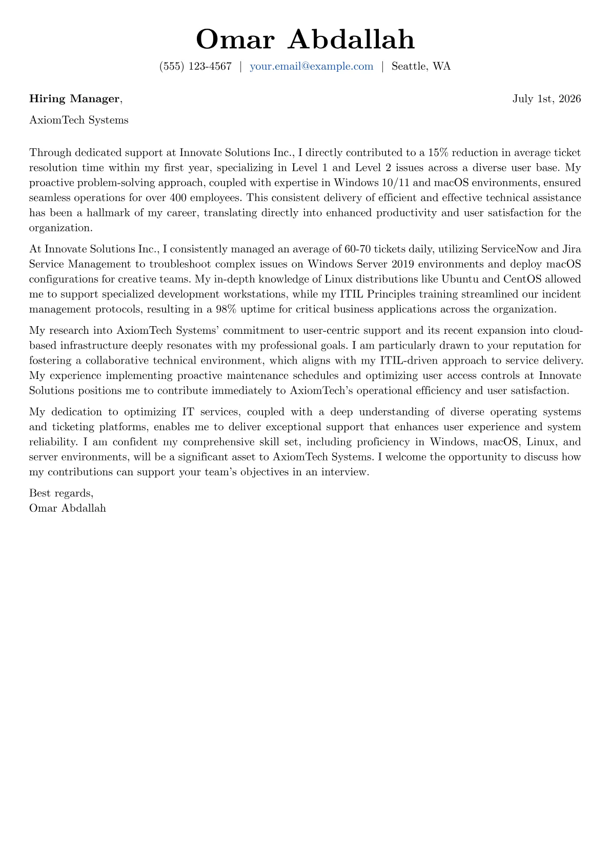 IT Help Desk cover letter formatted with a JobSprout template