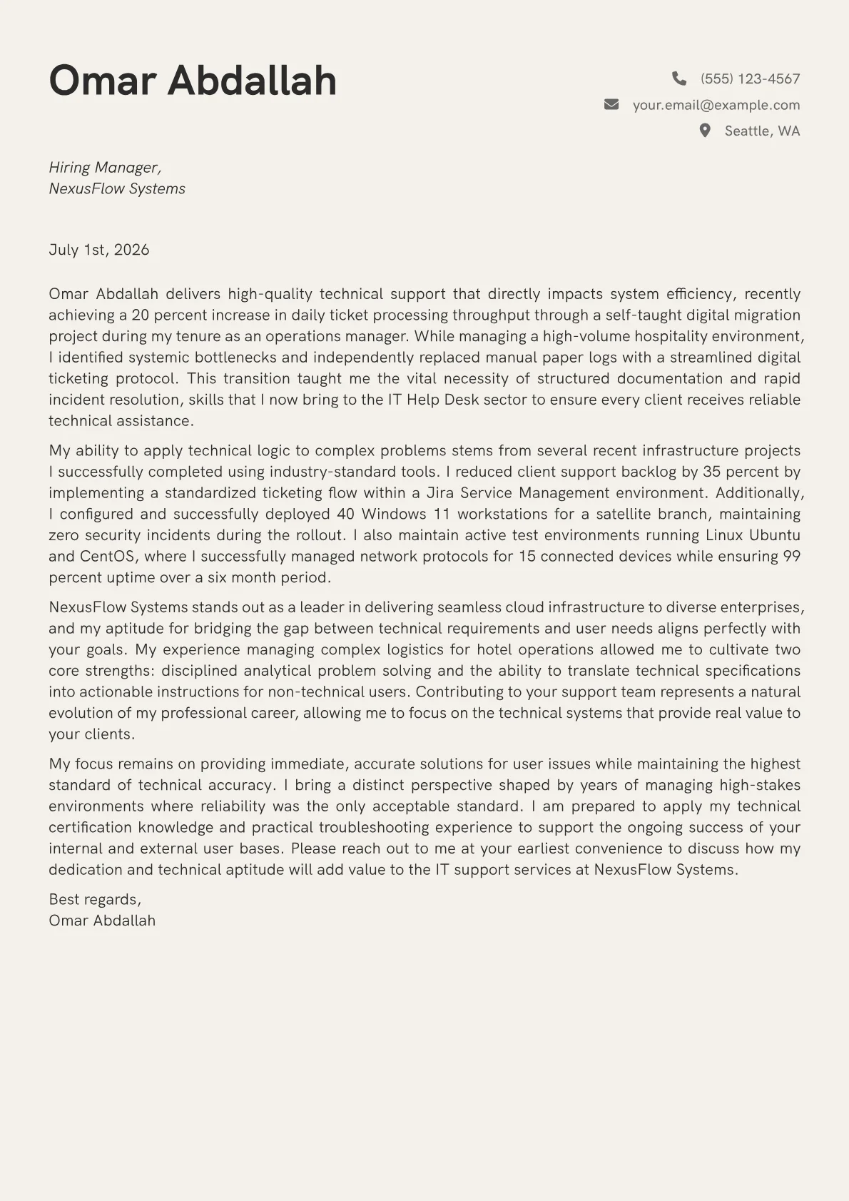 IT Help Desk cover letter in the Creative design