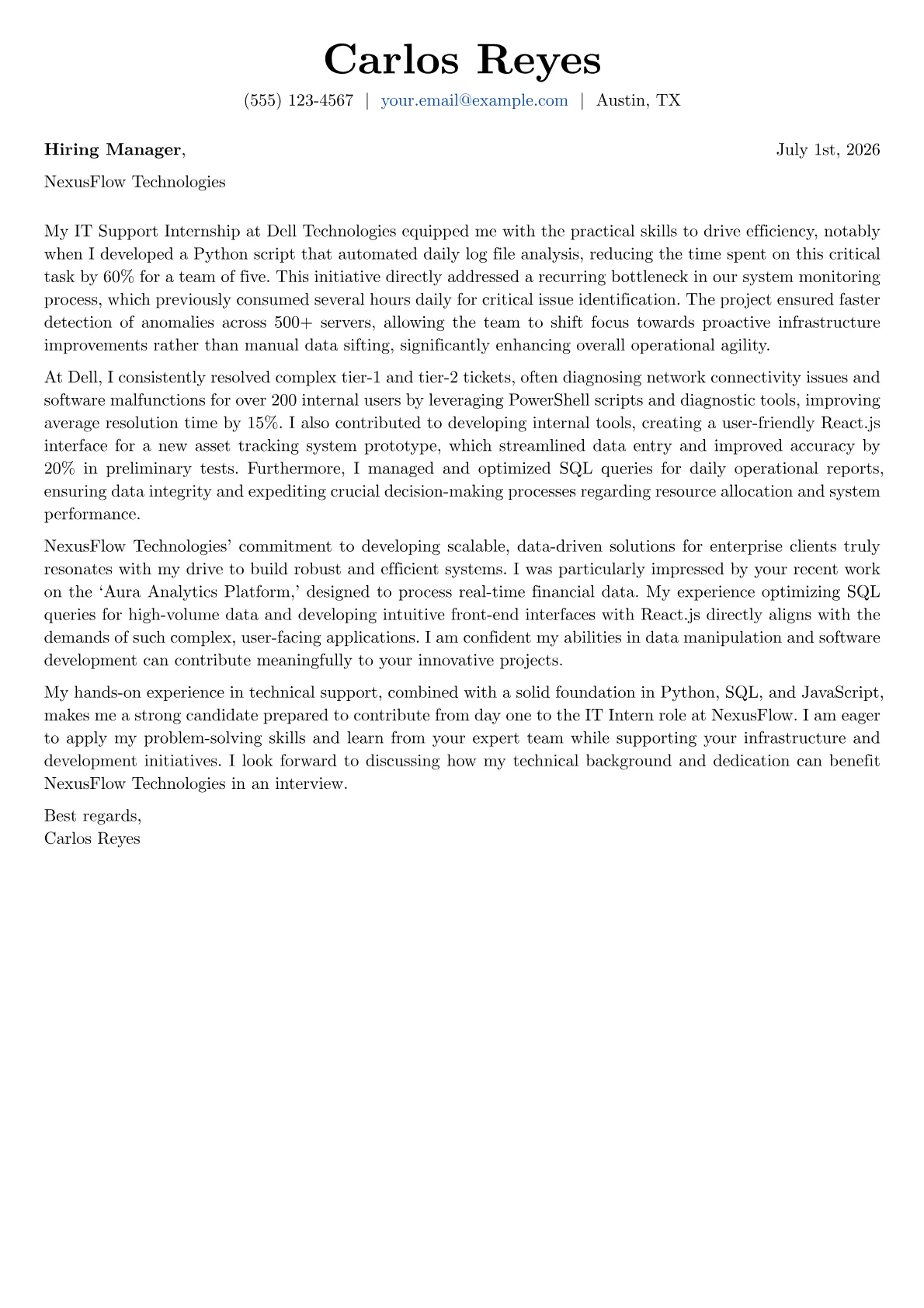 IT Intern cover letter formatted with a JobSprout template
