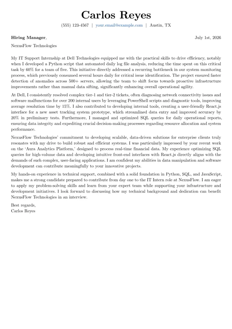 IT Intern Cover Letter Example
