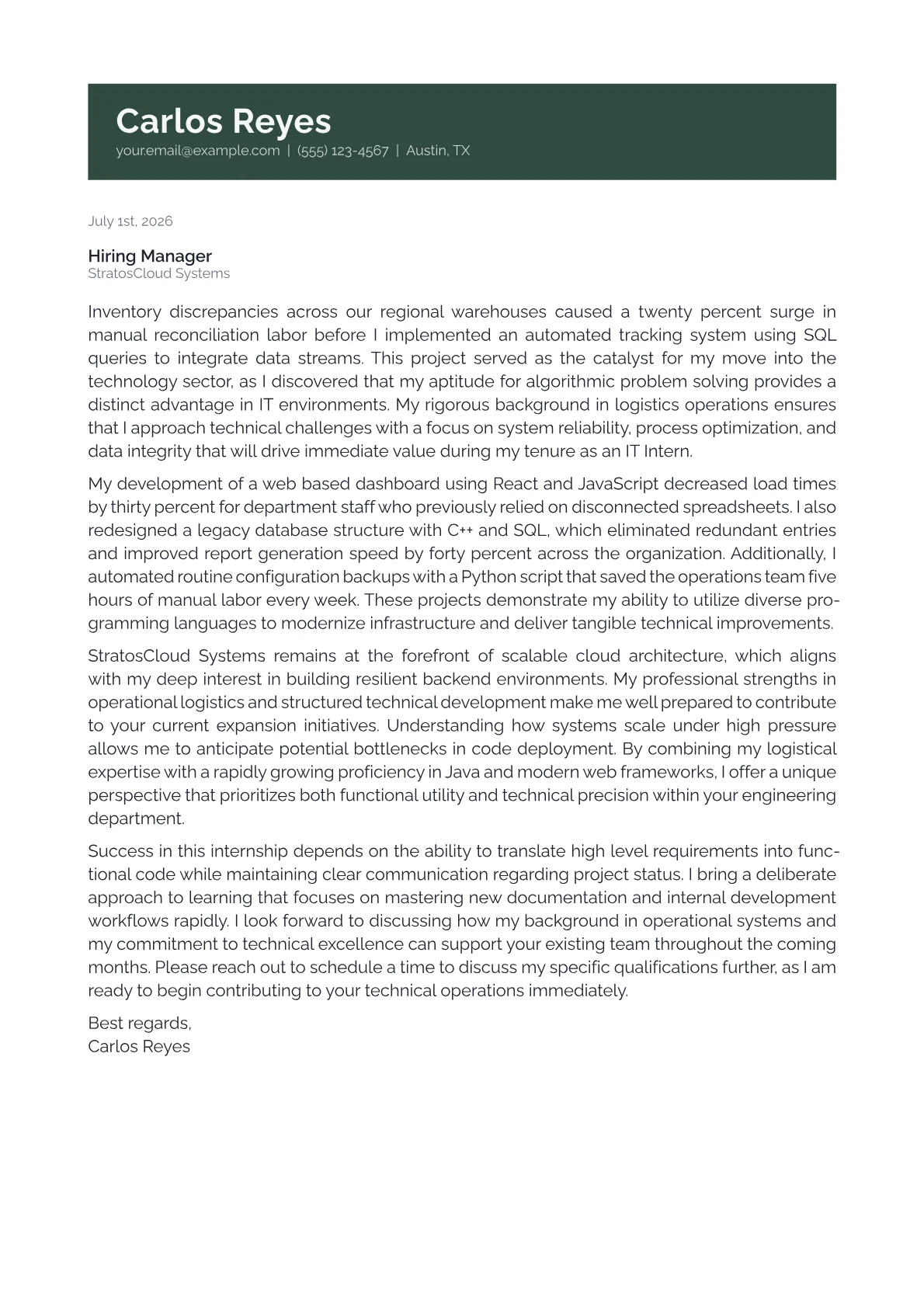IT Intern cover letter in the Banner design