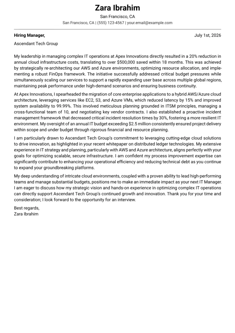 IT Manager cover letter example preview