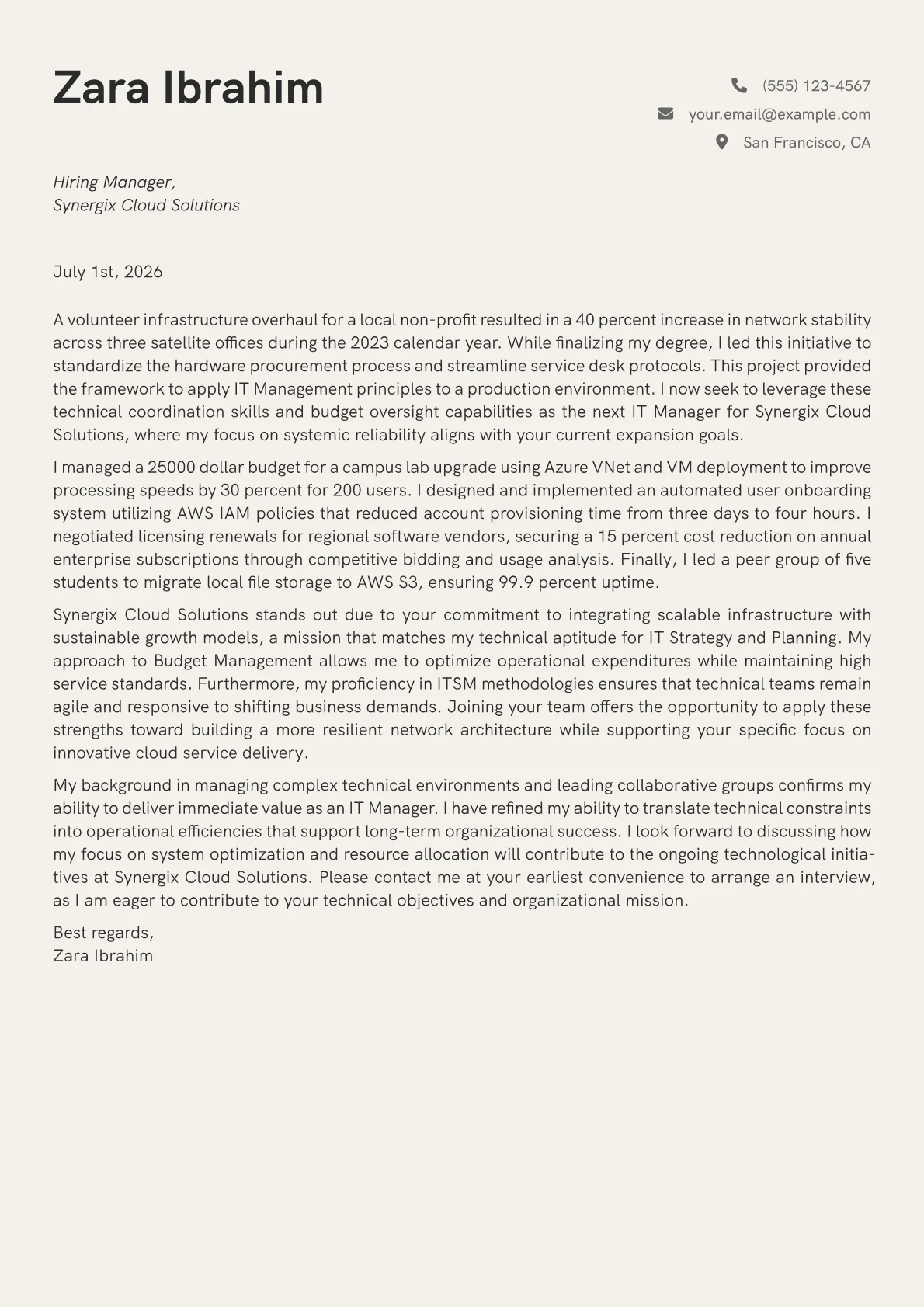 IT Manager cover letter in the Creative design