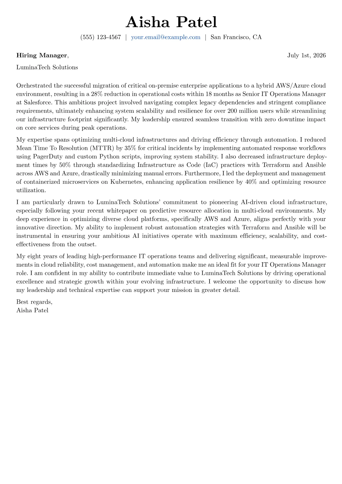 IT Operations Manager cover letter formatted with a JobSprout template
