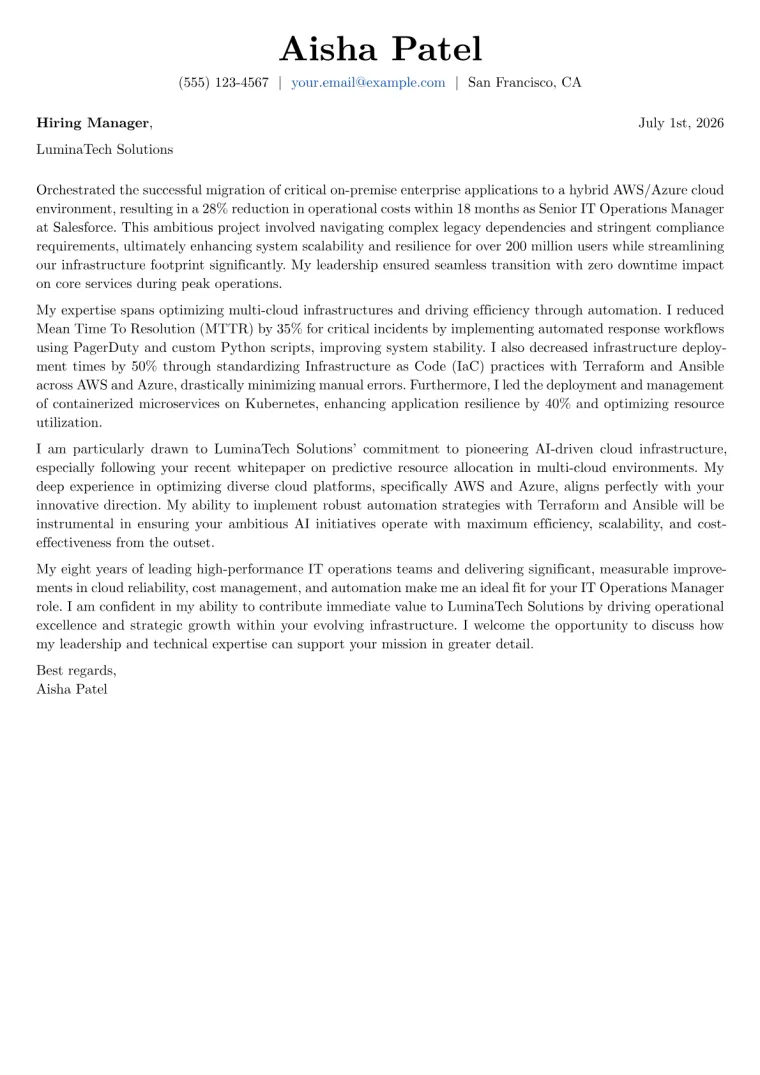 IT Operations Manager Cover Letter Example