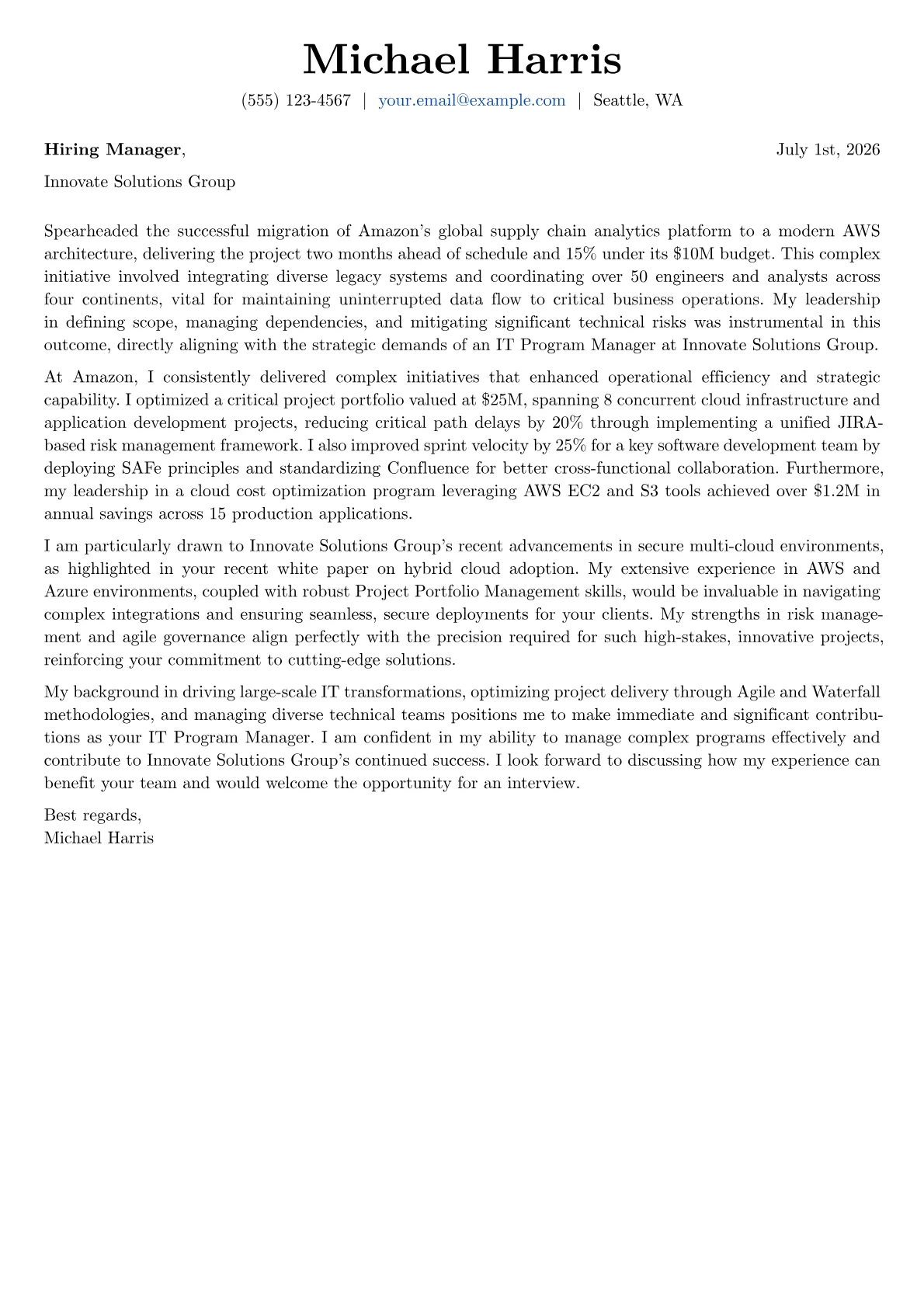 IT Program Manager cover letter formatted with a JobSprout template