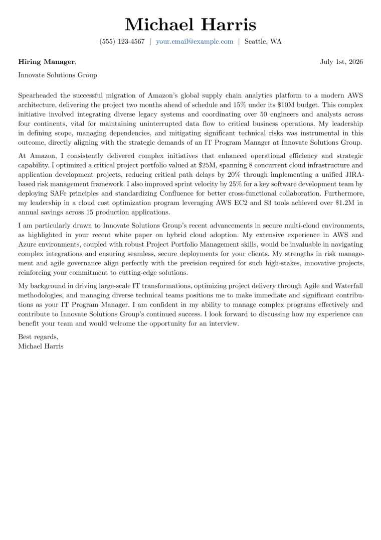 IT Program Manager cover letter example preview