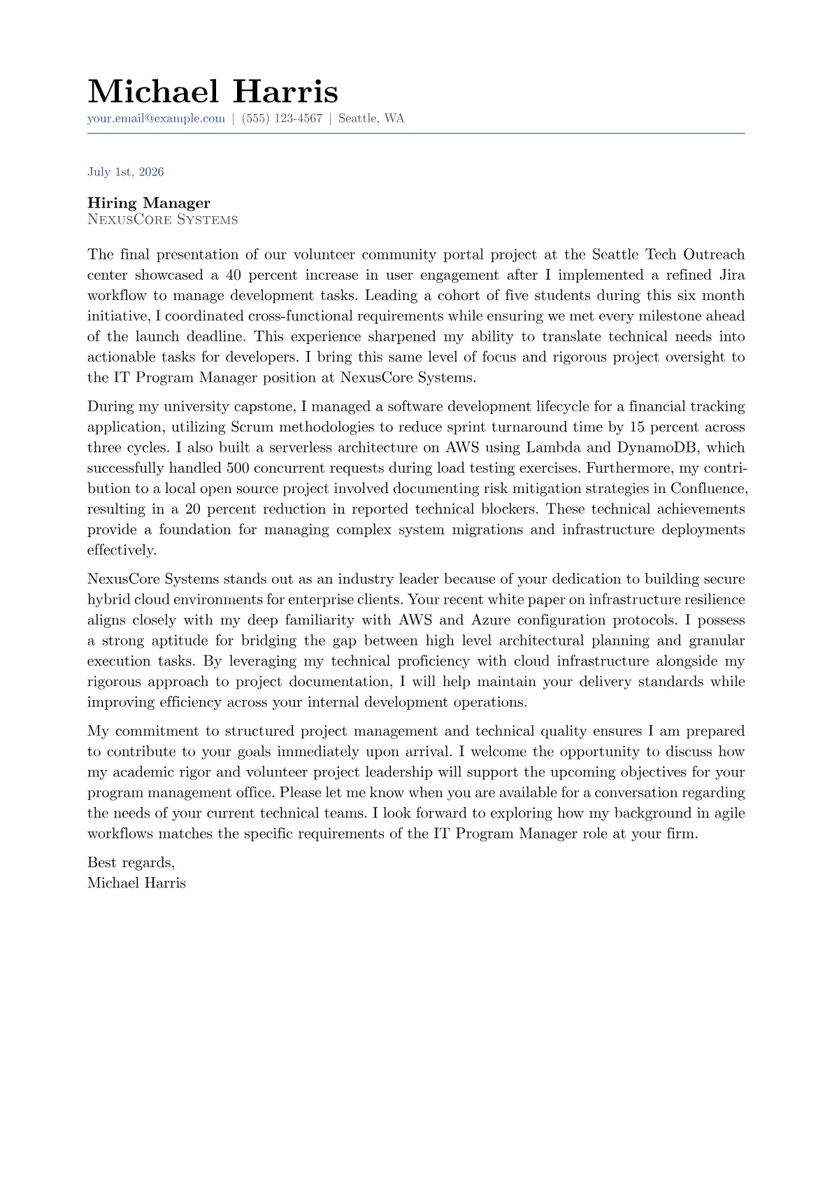 IT Program Manager cover letter in the Classic design