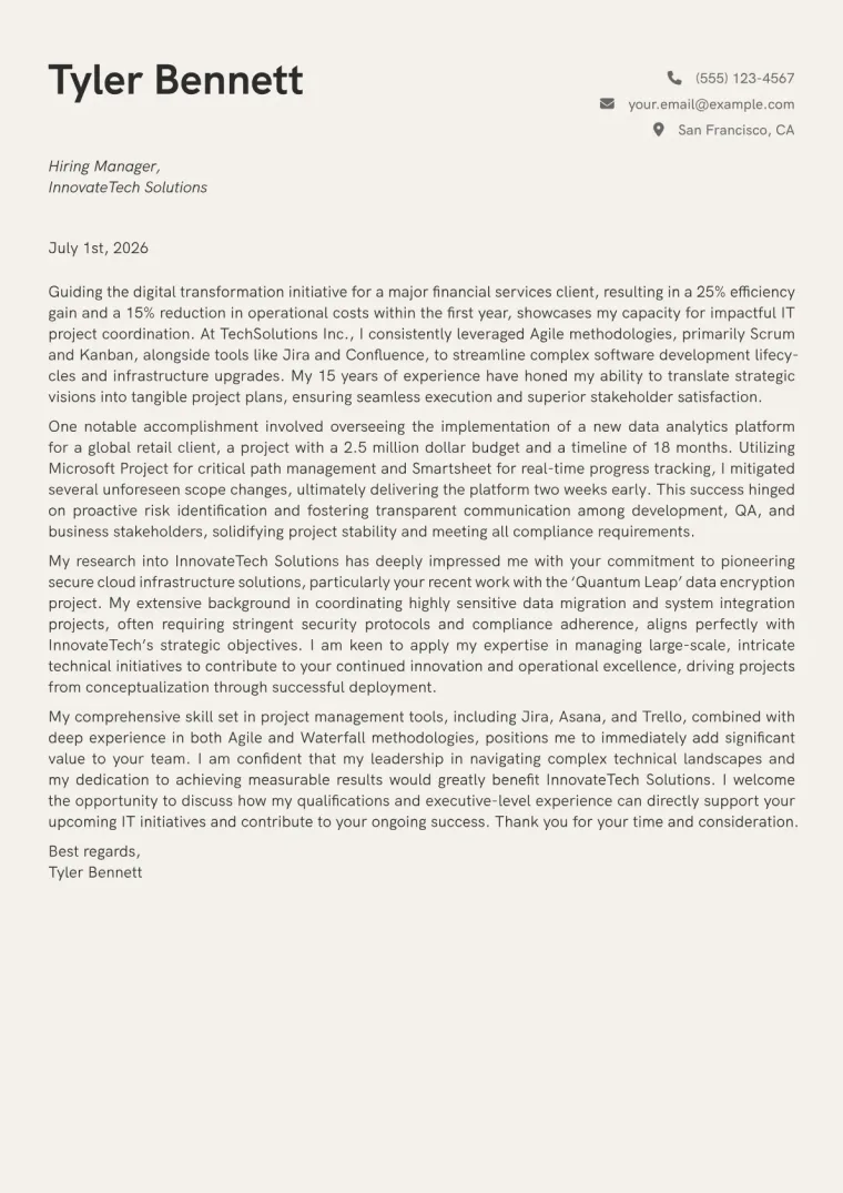 IT Project Coordinator cover letter example preview