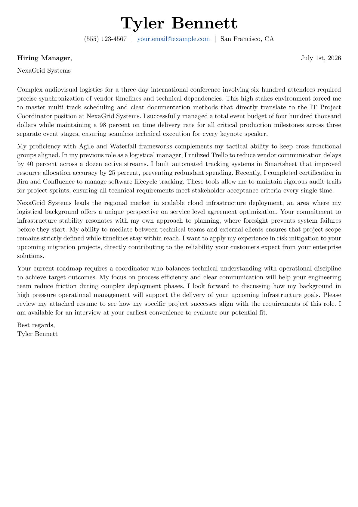 IT Project Coordinator cover letter in the Basic design