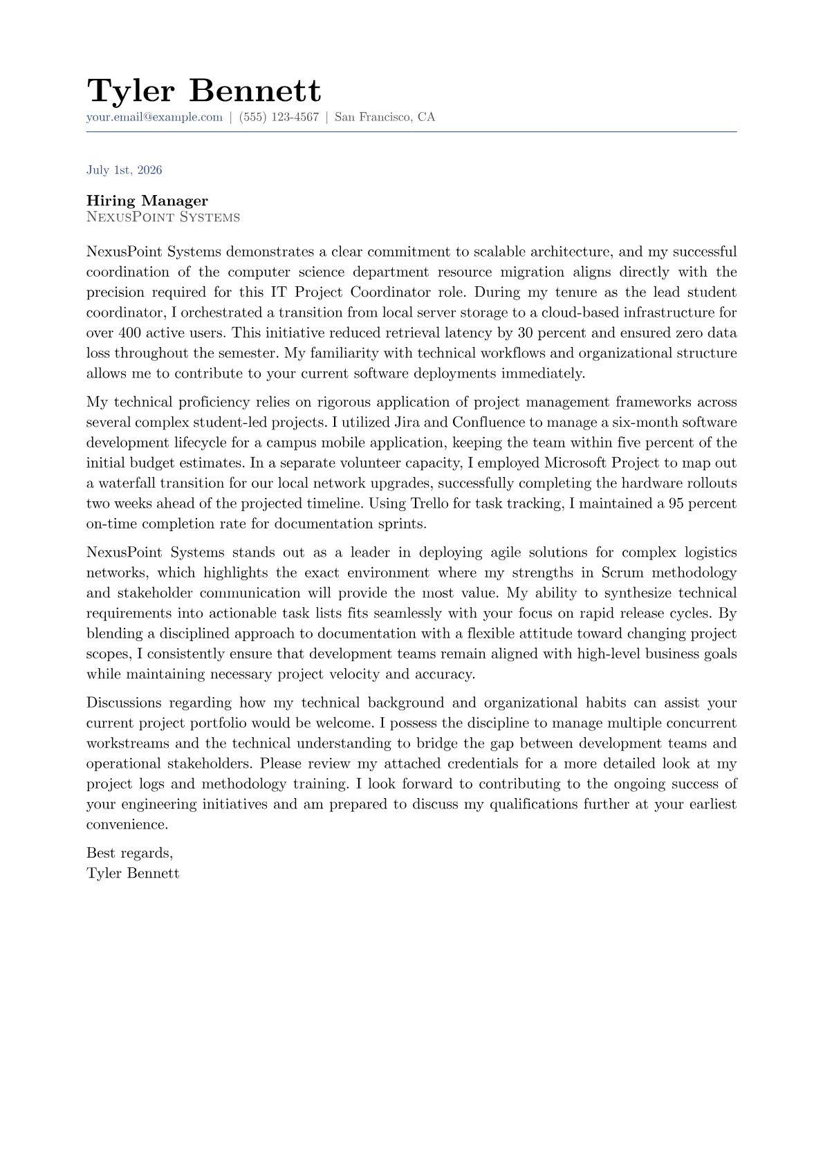 IT Project Coordinator cover letter in the Classic design