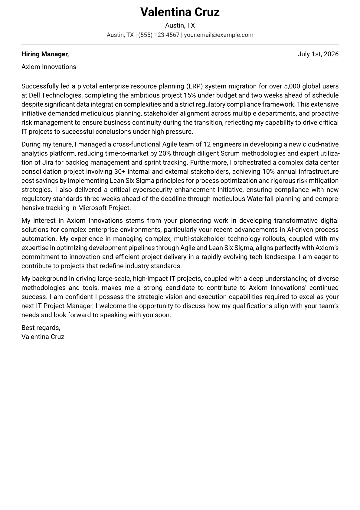 IT Project Manager cover letter formatted with a JobSprout template