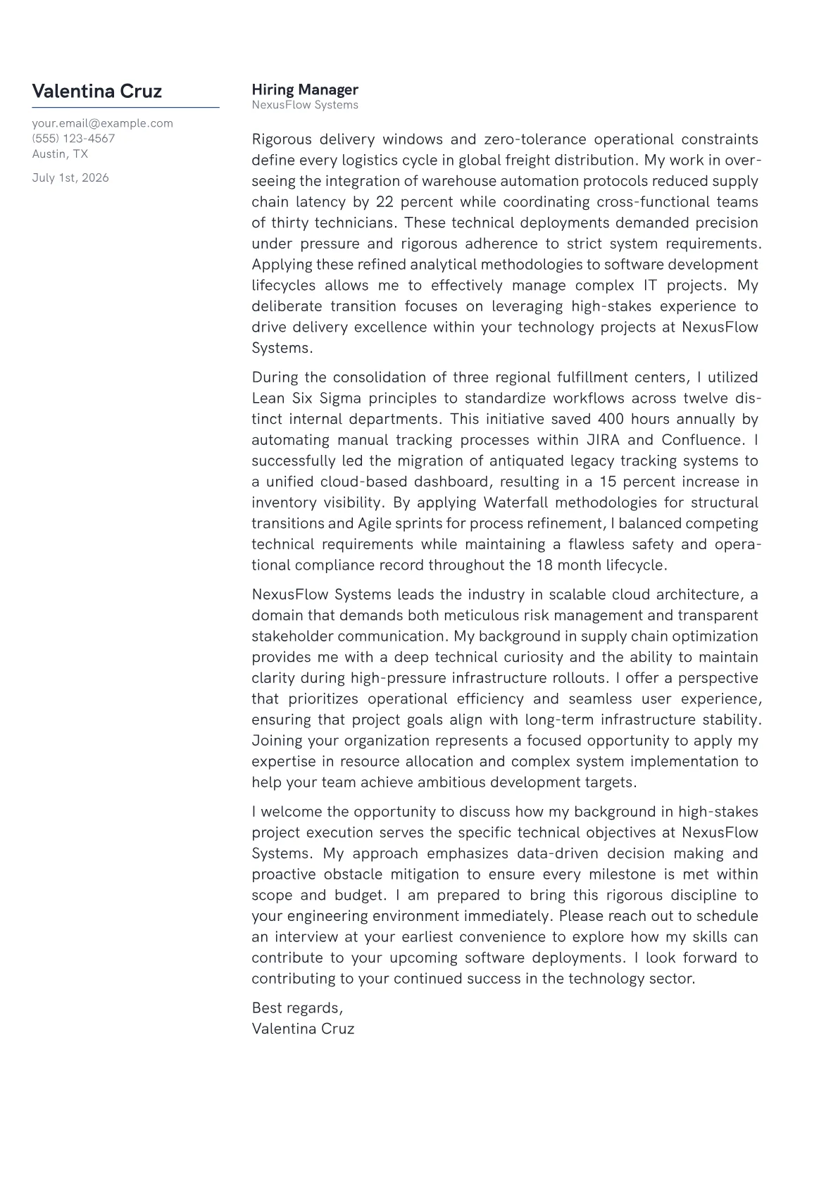 IT Project Manager cover letter in the Margin design