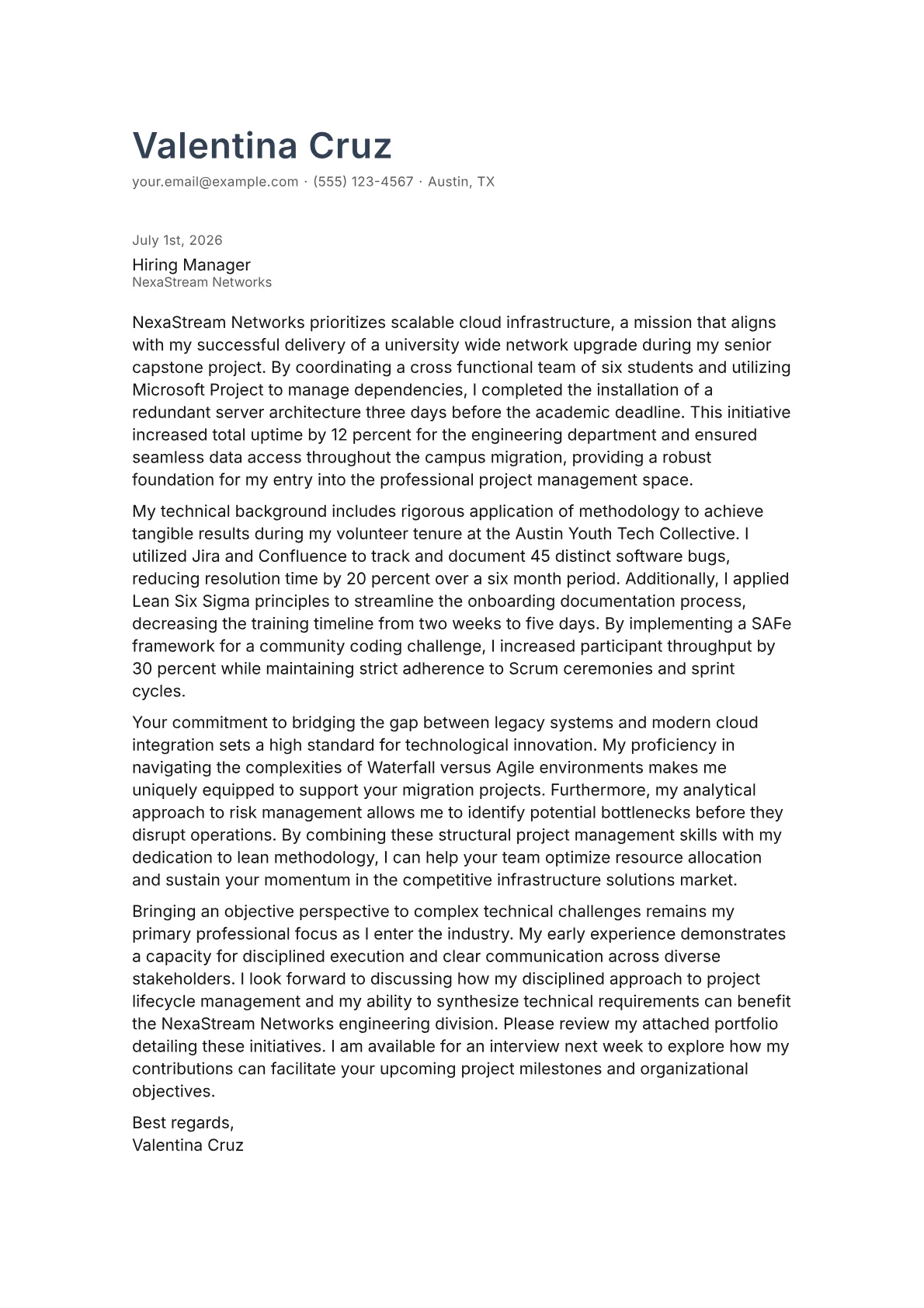 IT Project Manager cover letter in the Minimal design