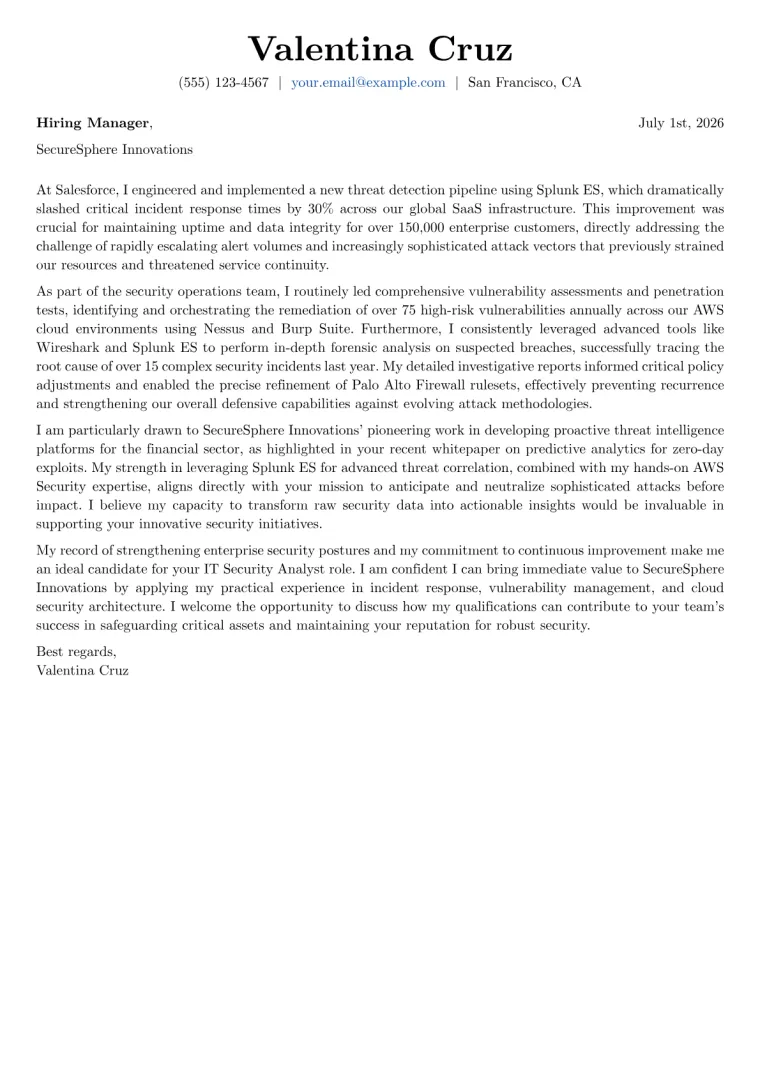 IT Security Analyst cover letter example