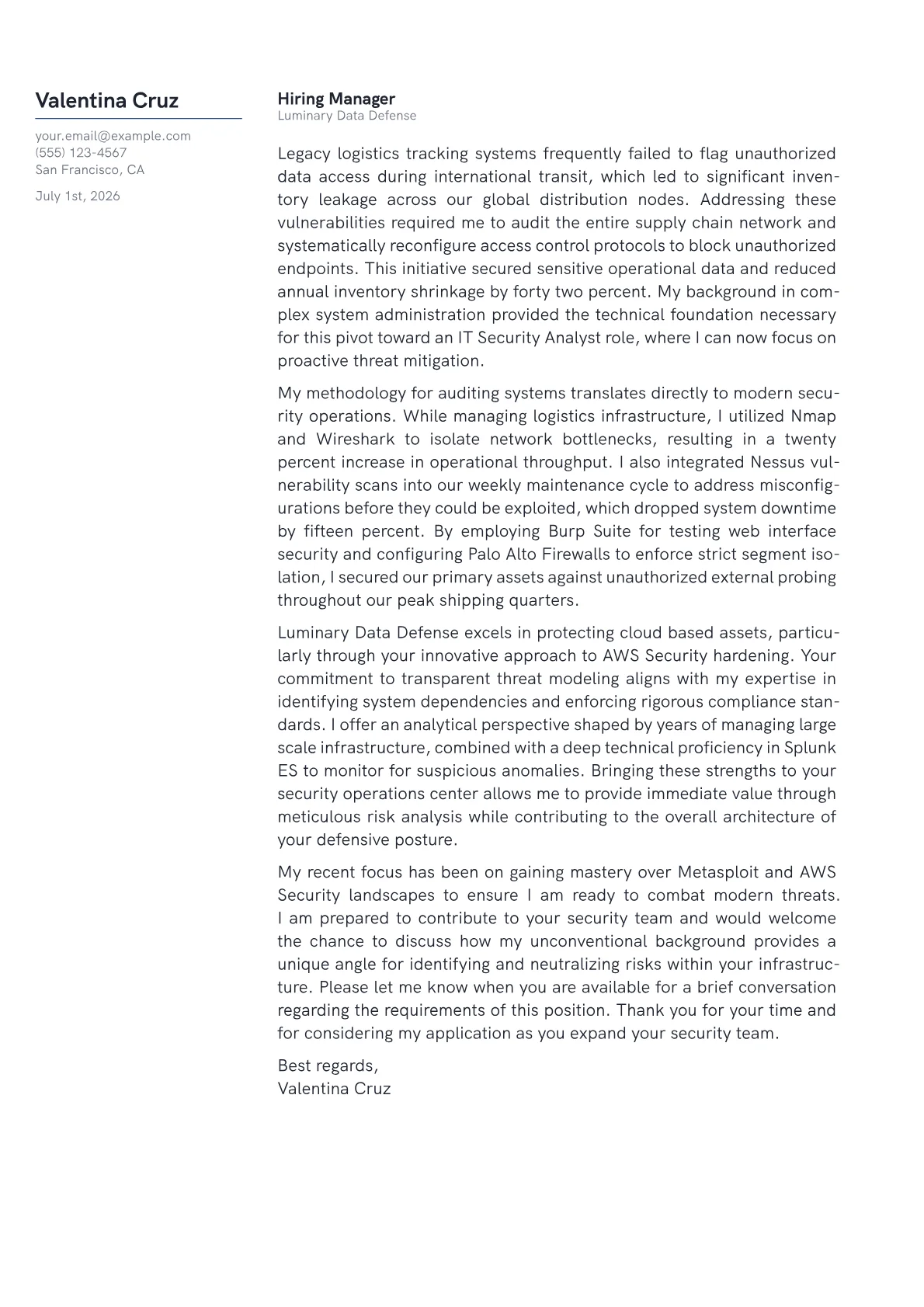 IT Security Analyst cover letter in the Margin design