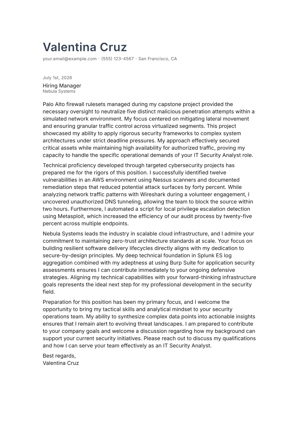 IT Security Analyst cover letter in the Minimal design