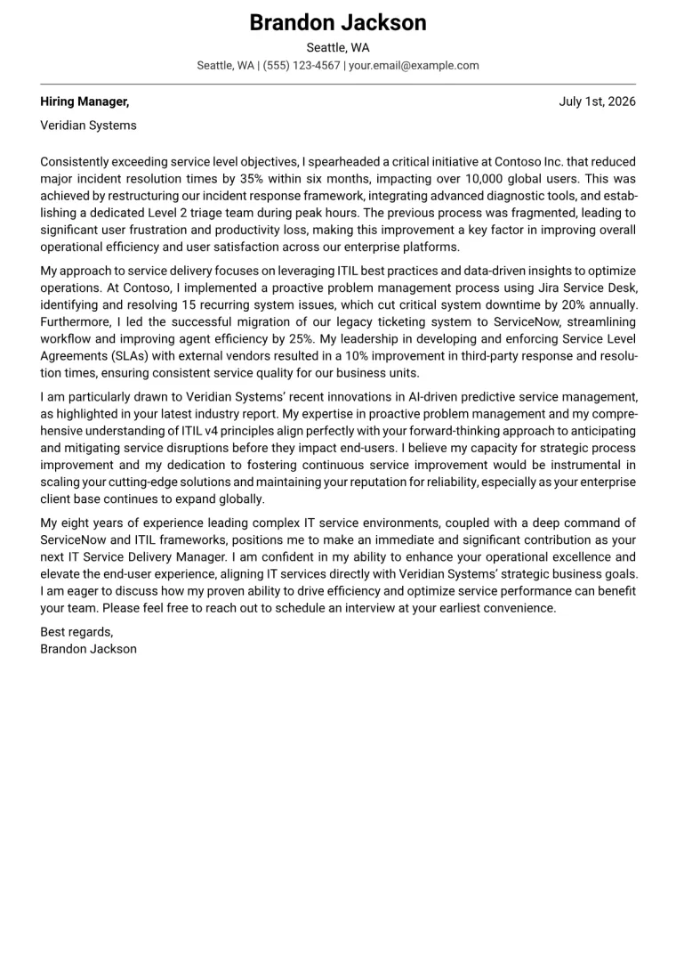 IT Service Delivery Manager cover letter example preview