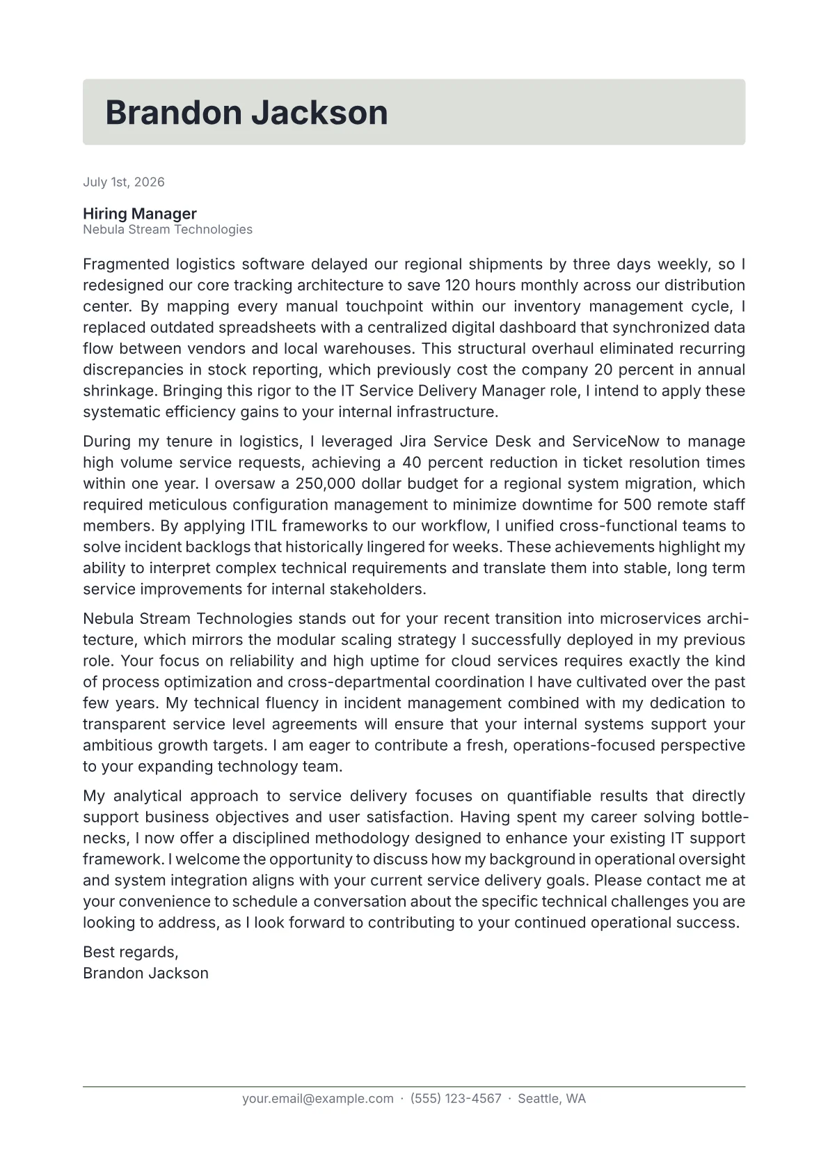 IT Service Delivery Manager cover letter in the Letterhead design
