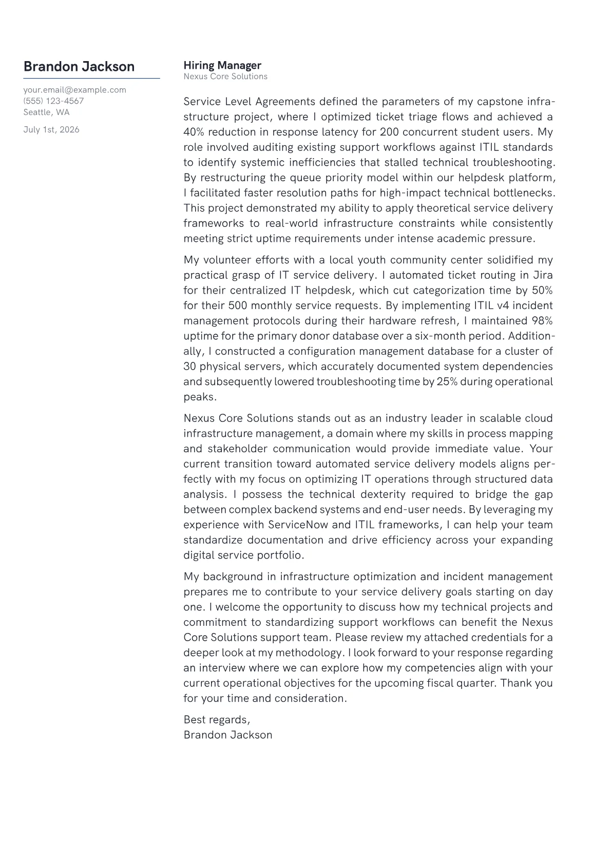 IT Service Delivery Manager cover letter in the Margin design