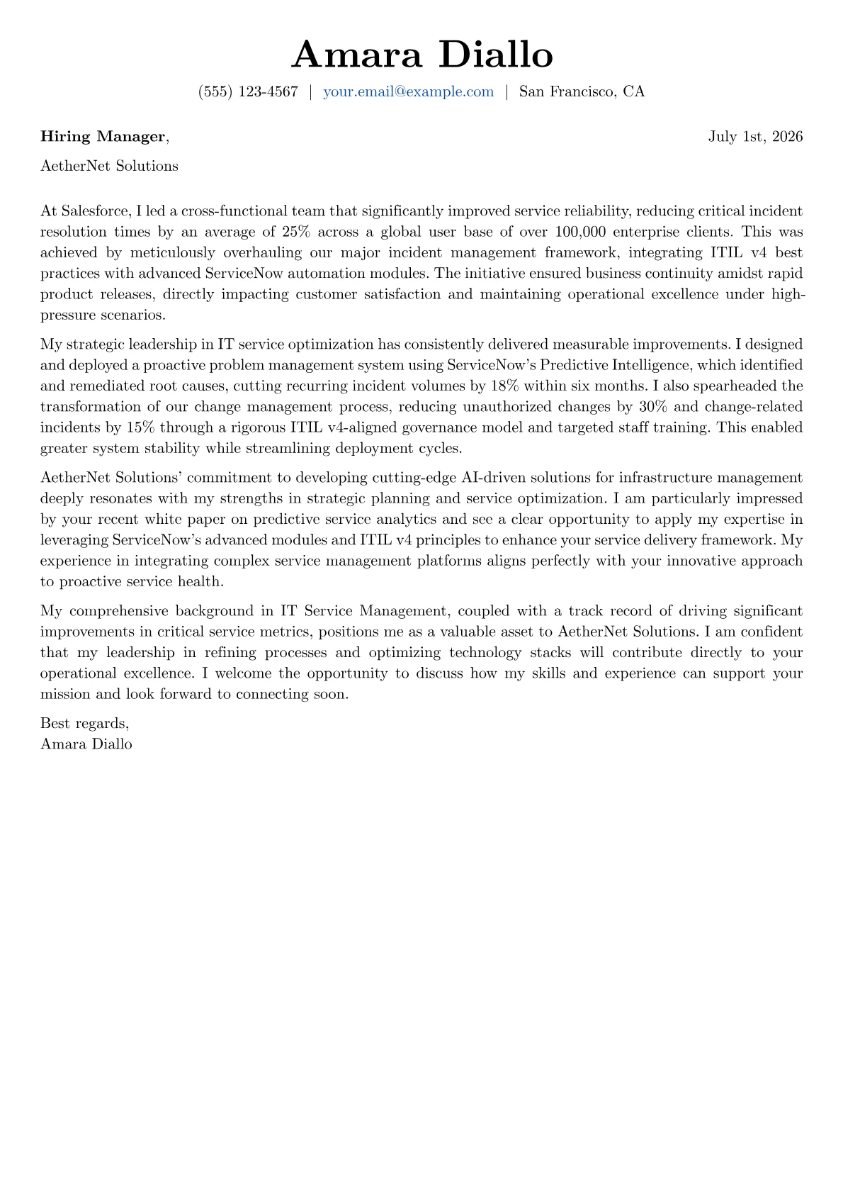 IT Service Manager cover letter formatted with a JobSprout template