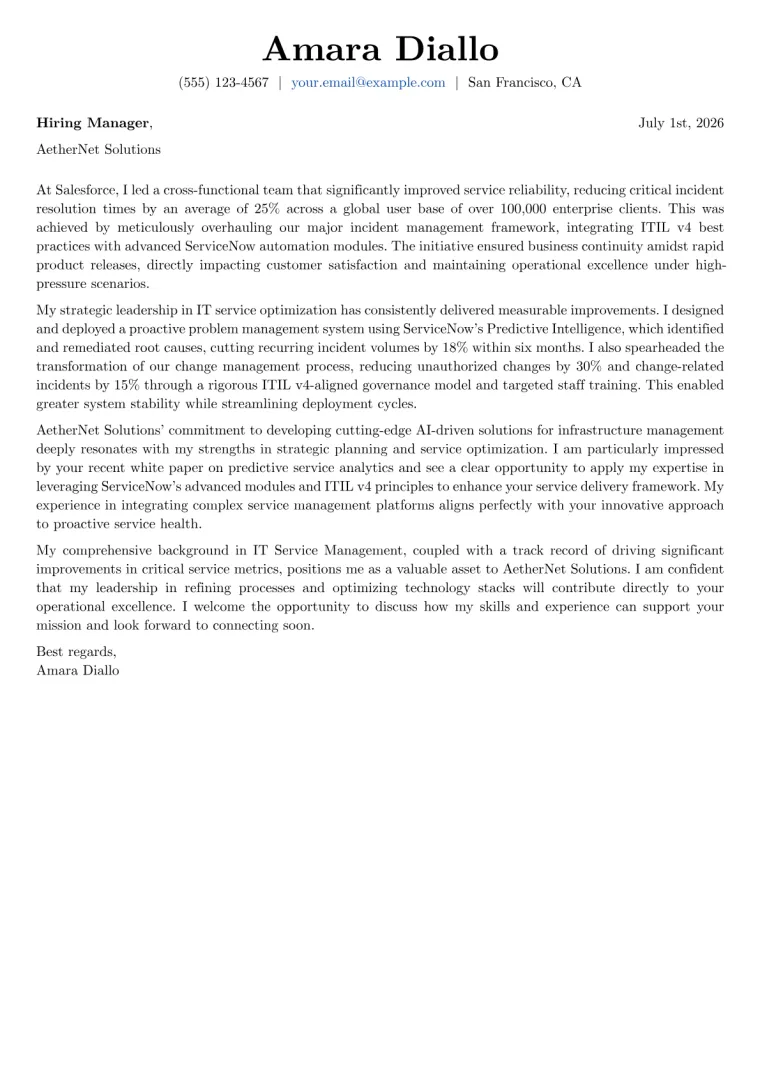 IT Service Manager cover letter example preview