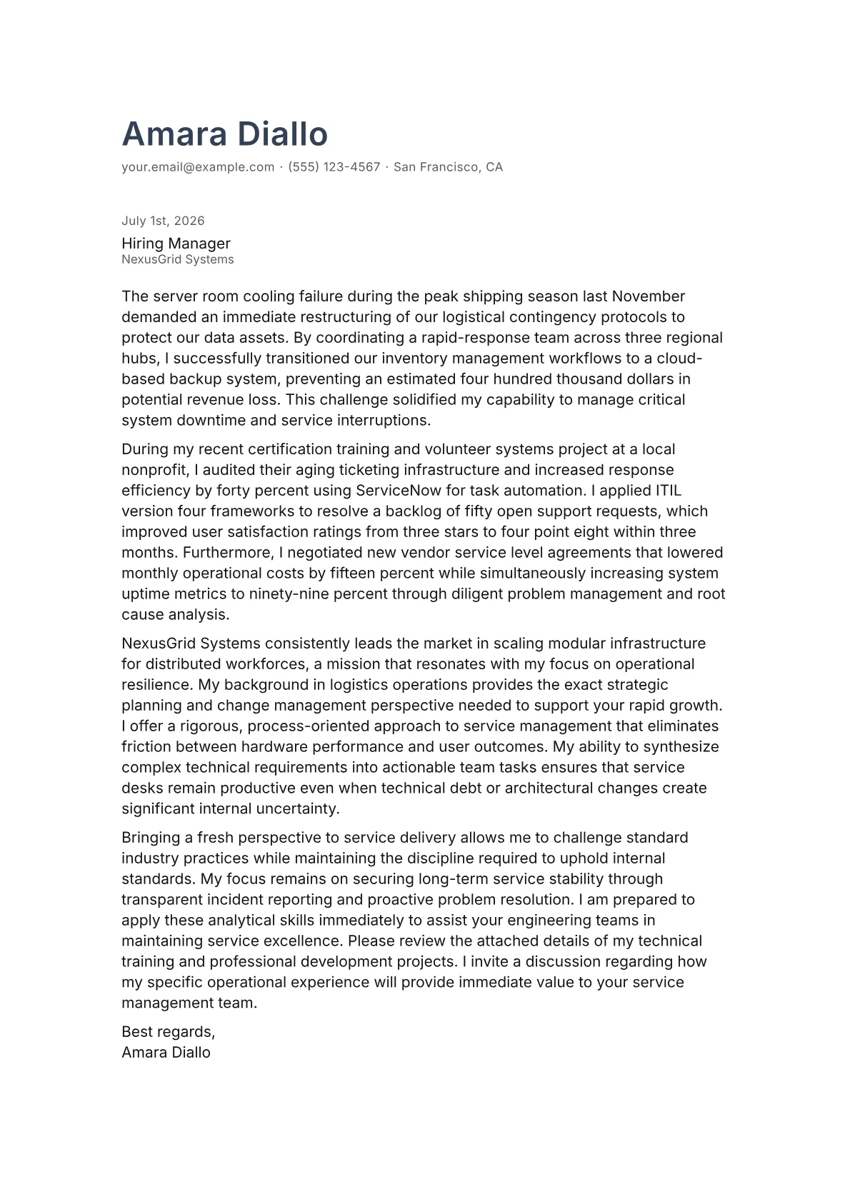 IT Service Manager cover letter in the Minimal design
