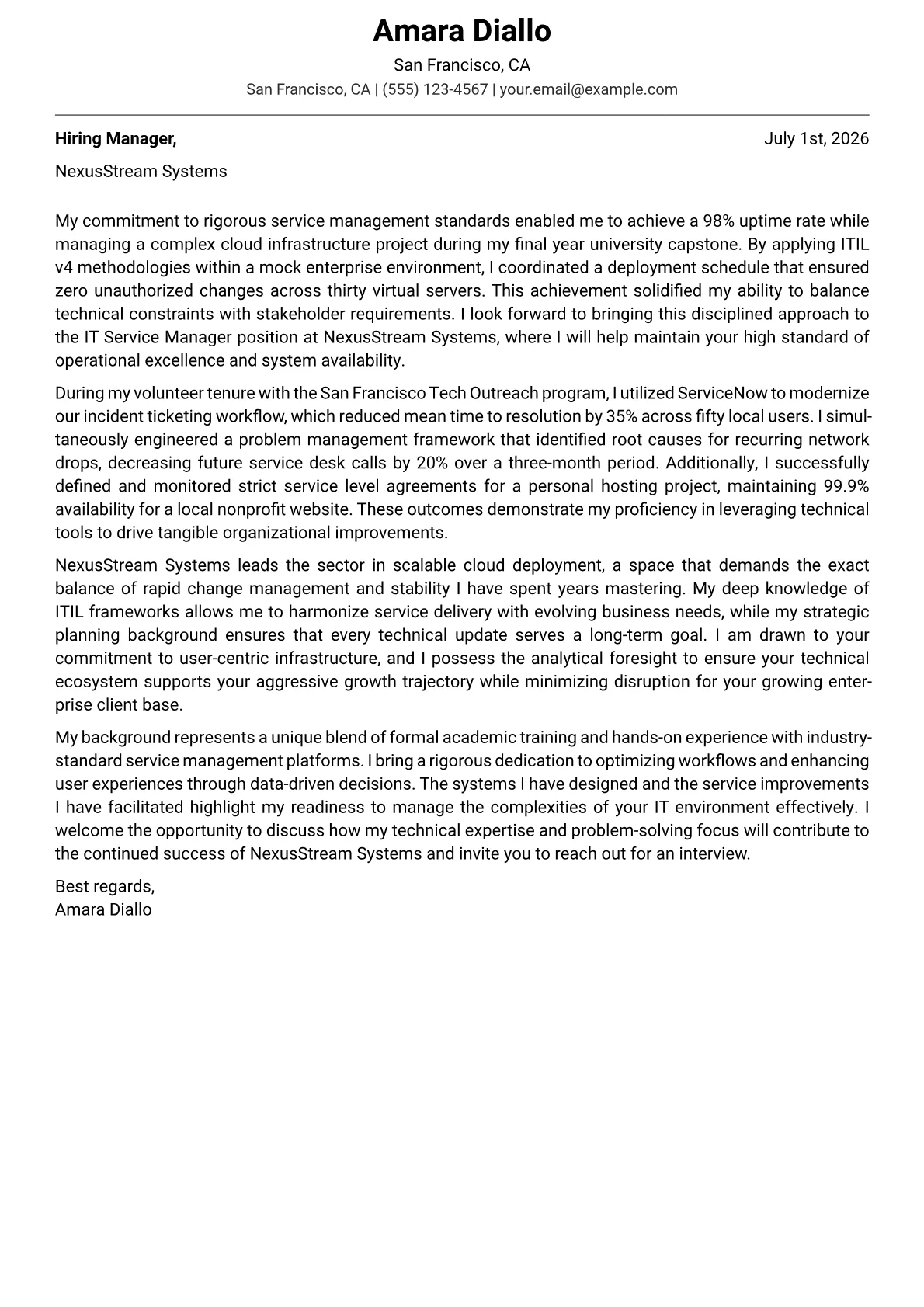 IT Service Manager cover letter in the Modern design