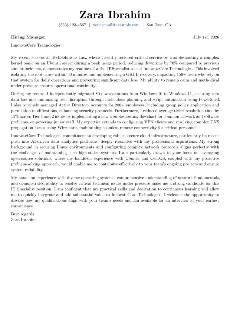 IT Specialist cover letter example