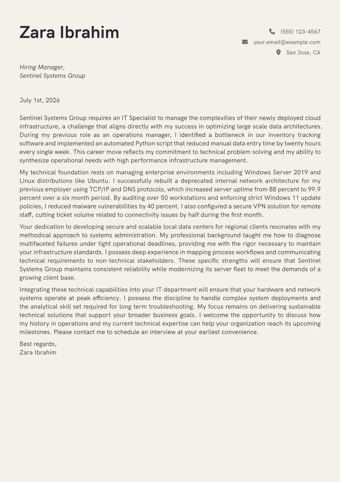 IT Specialist cover letter in the Creative design