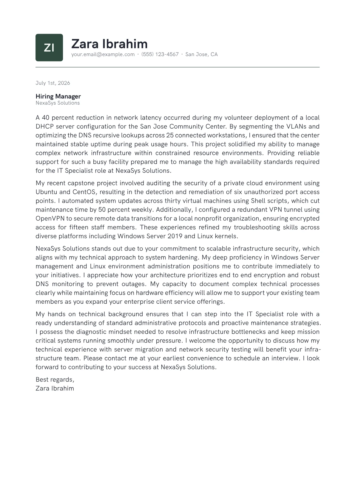 IT Specialist cover letter in the Emblem design